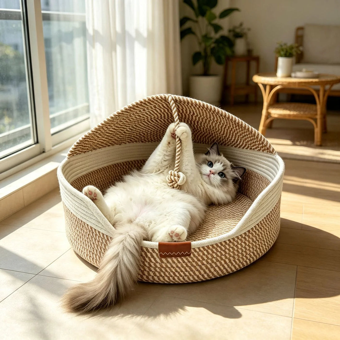 Rope Cat Bed Basket – Cozy Nest with Play Rope