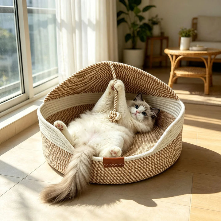 Rope Cat Bed Basket – Cozy Nest with Play Rope