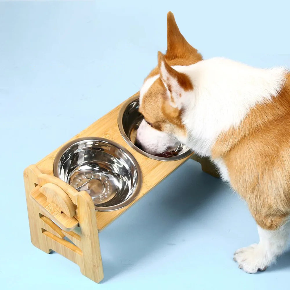 Wooden Raised Dog Bowl Stand with Steel Bowls