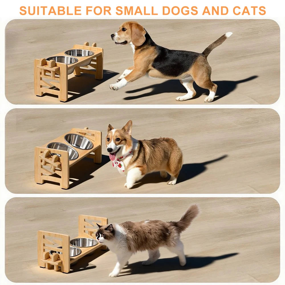 Wooden Raised Dog Bowl Stand with Steel Bowls