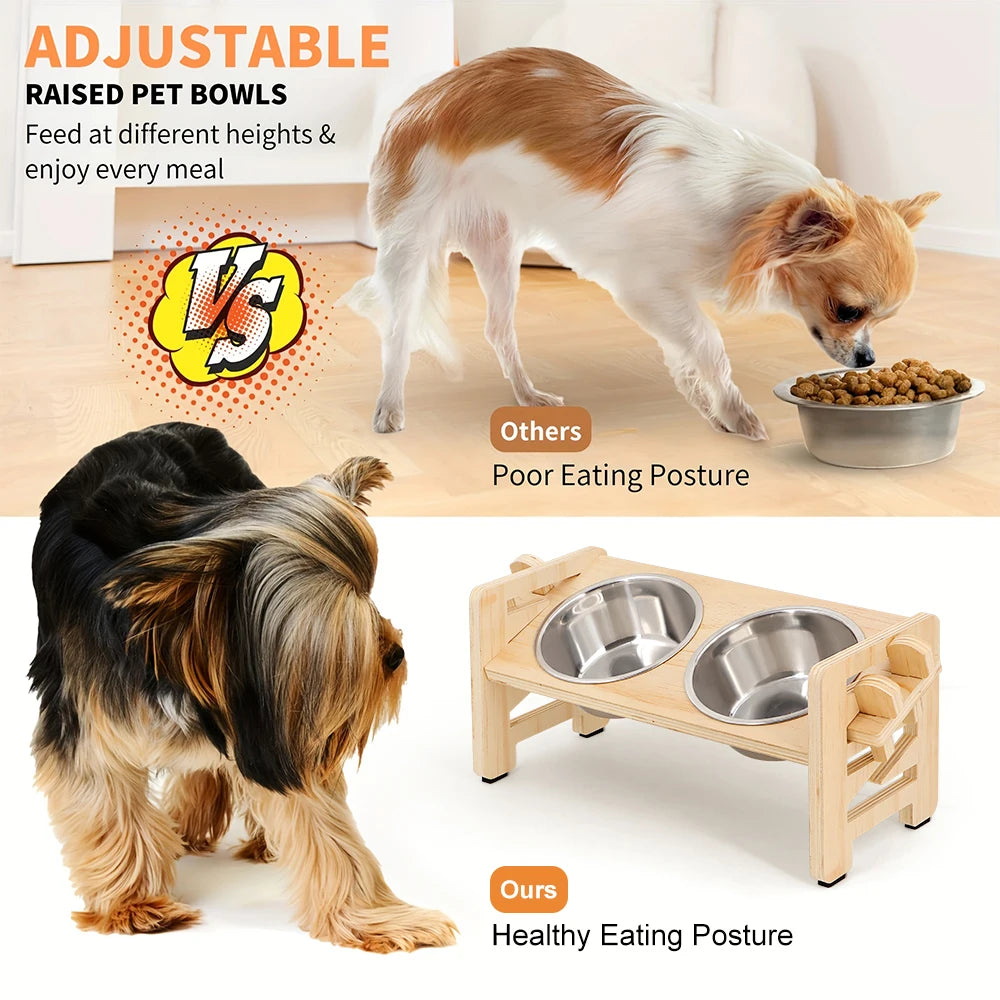 Wooden Raised Dog Bowl Stand with Steel Bowls