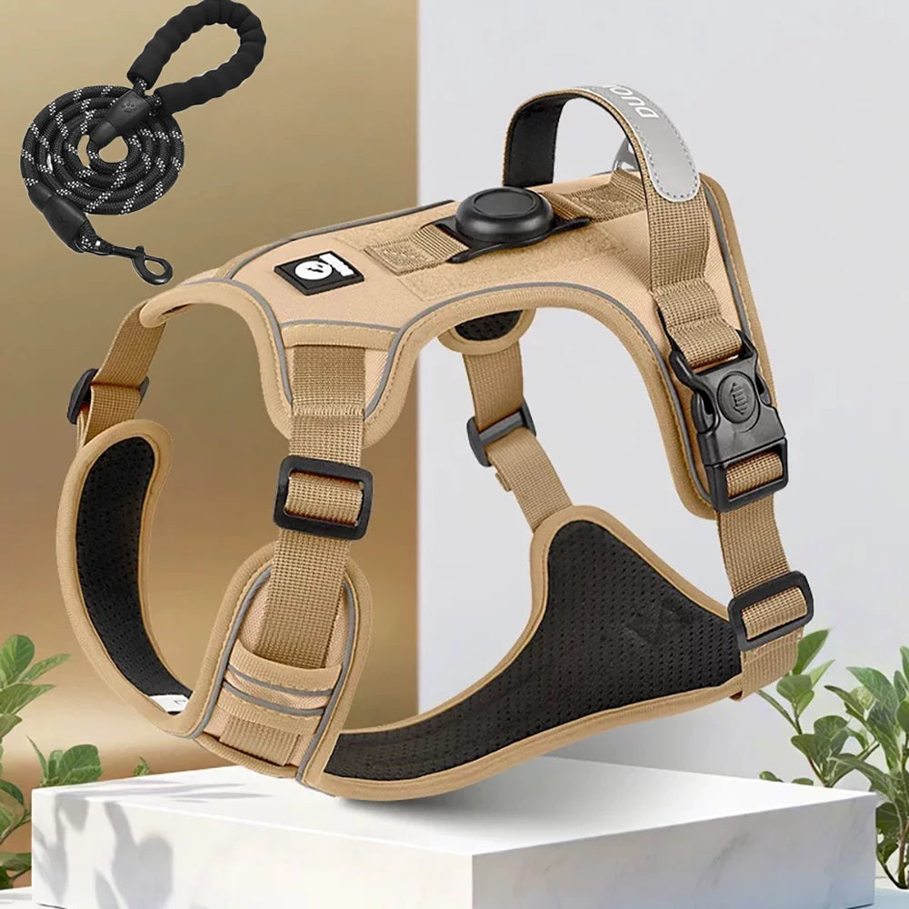 Reflective Dog Harness & Leash Set with Tracker Holder