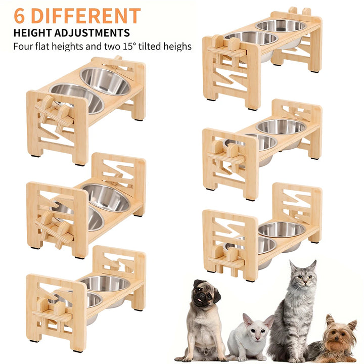 Wooden Raised Dog Bowl Stand with Steel Bowls
