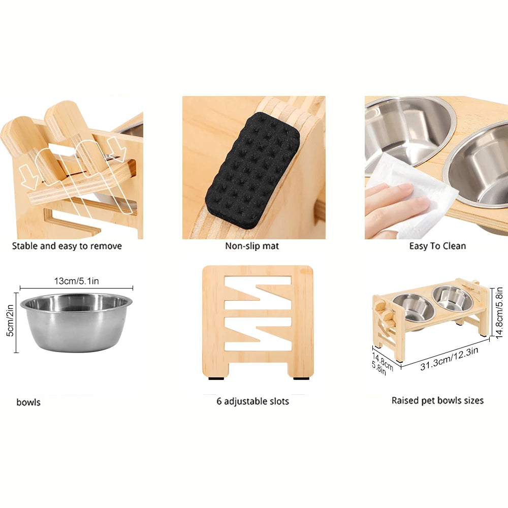 Wooden Raised Dog Bowl Stand with Steel Bowls