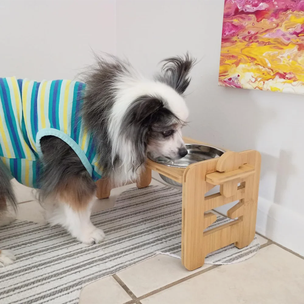 Wooden Raised Dog Bowl Stand with Steel Bowls